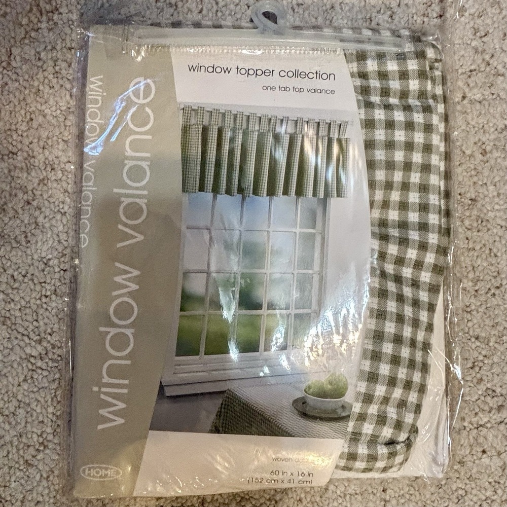 Home Window Valance Green & White Gingham Check Cottage Farm One Tab Top 60x16 - Picture 5 of 5